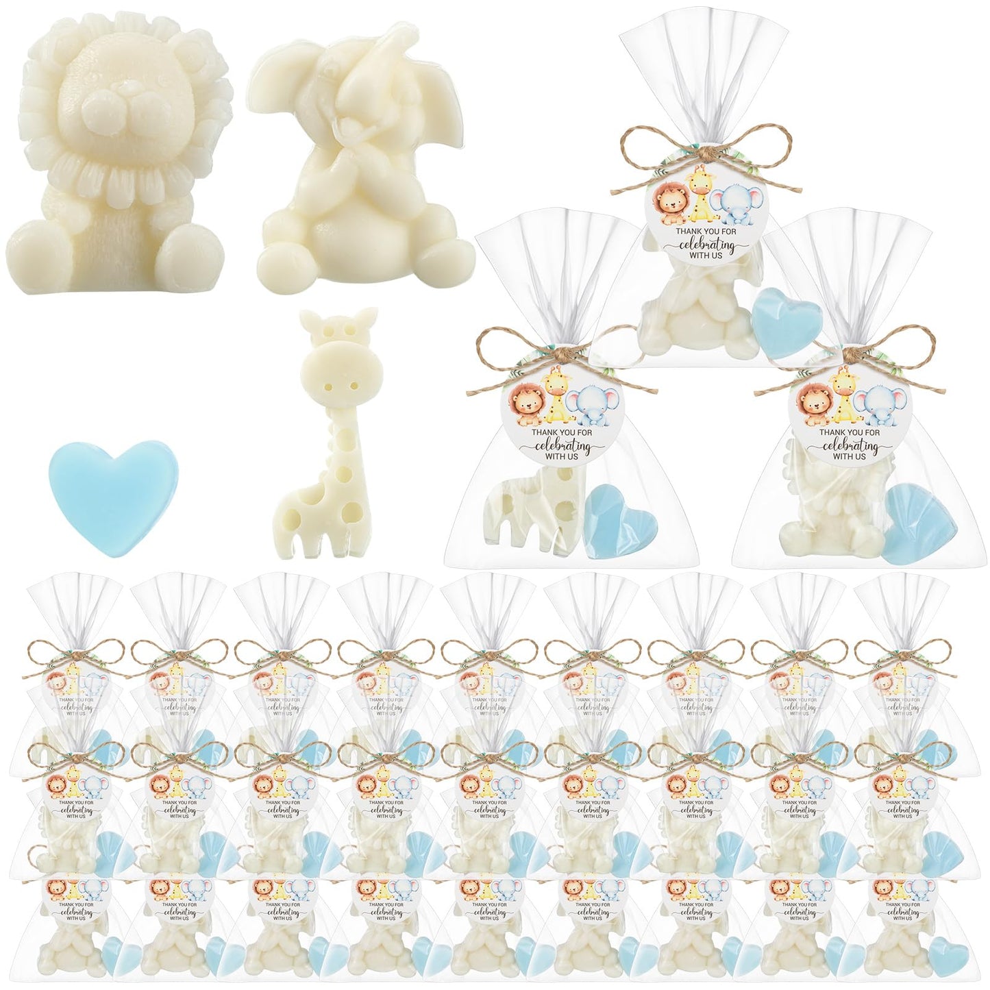 Demissle 20 Sets Safari Animal Baby Shower Soaps Favors for Guests Jungle Greeting Card Bath Gift for Birthday (Blue)