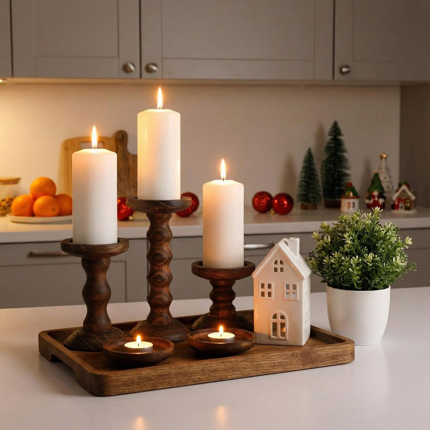 Vesici Candlestick Holder Plate Pillar Candle Holder Candles Stand Decorative Centerpieces for Table Wedding Events Party Living Room Housewarming Gift(Wooden)