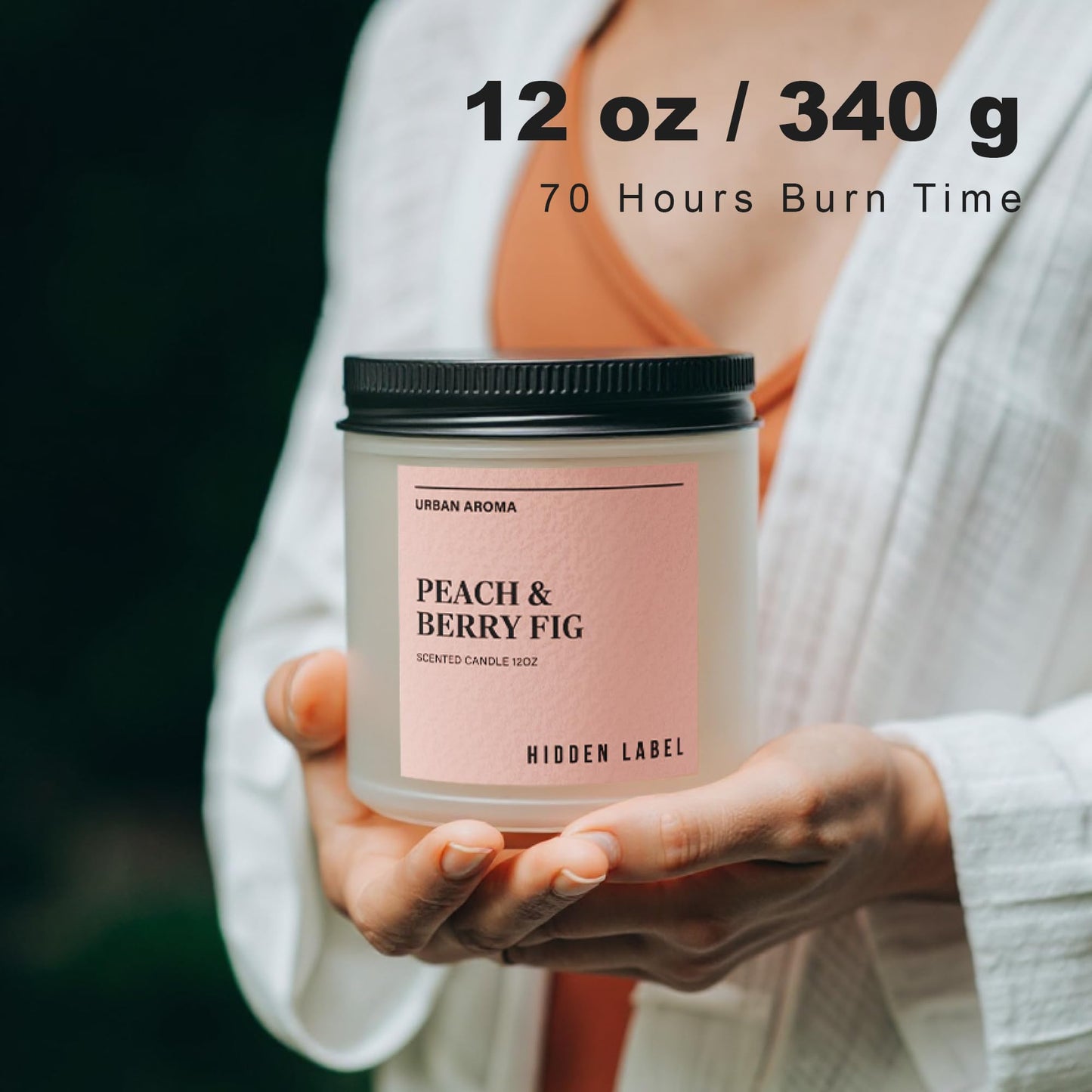 Peach Berry Fig Scented Candle, 12oz Soy Wax Candle with 2 Wicks, 70 Hour Long Lasting Non Toxic Aromatherapy Candle for Home Decor, Stress Relief & Relaxation, White Frosted Glass Jar Candle Gift