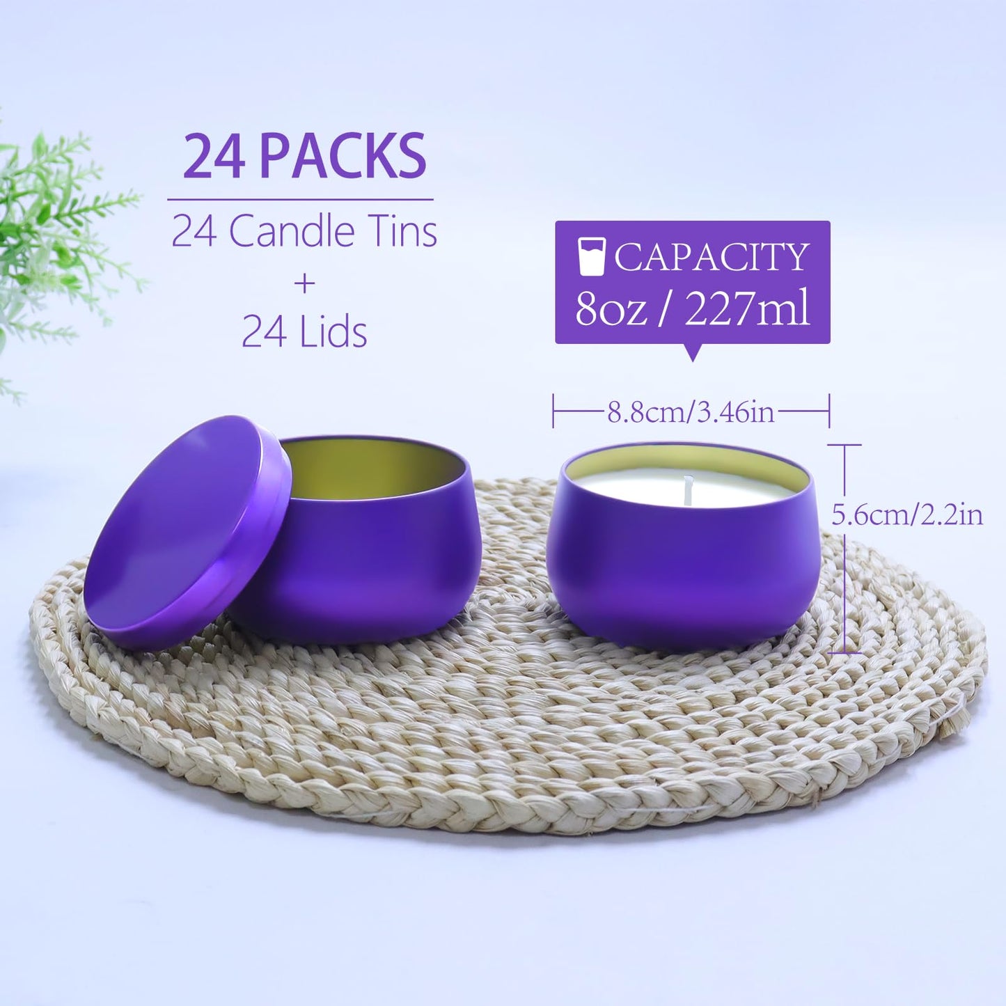 HOMAMAMOON 24 Pack 8oz Purple Candle Tins for Making Candles - Bulk Metal Candle Containers with Lids. Empty Round Candle Jars for DIY & Travel. Shatterproof & Sturdy Vessels for Small Business.