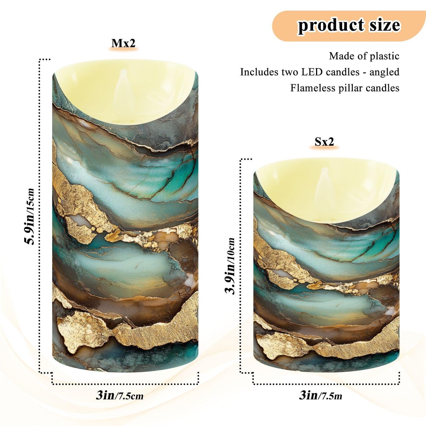 famyily Christmas Tabletop LED Candles Set of 2 Long Lasting Battery Operated Candles for Wedding Table Centerpieces 3.9x3in - Marble Brown Turquoise