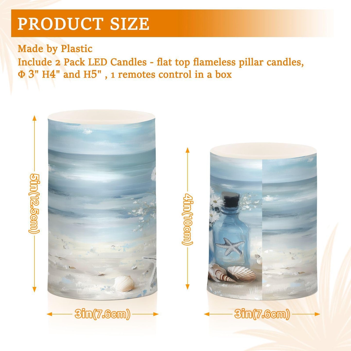 WEVIBOFU Ocean Beach Seascape Vase Starfish Shell Flickering Flameless Candles LED Battery Operated with Remote Timer Pillar Candles for Home Birthday Wedding Christmas Decor, Set of 2