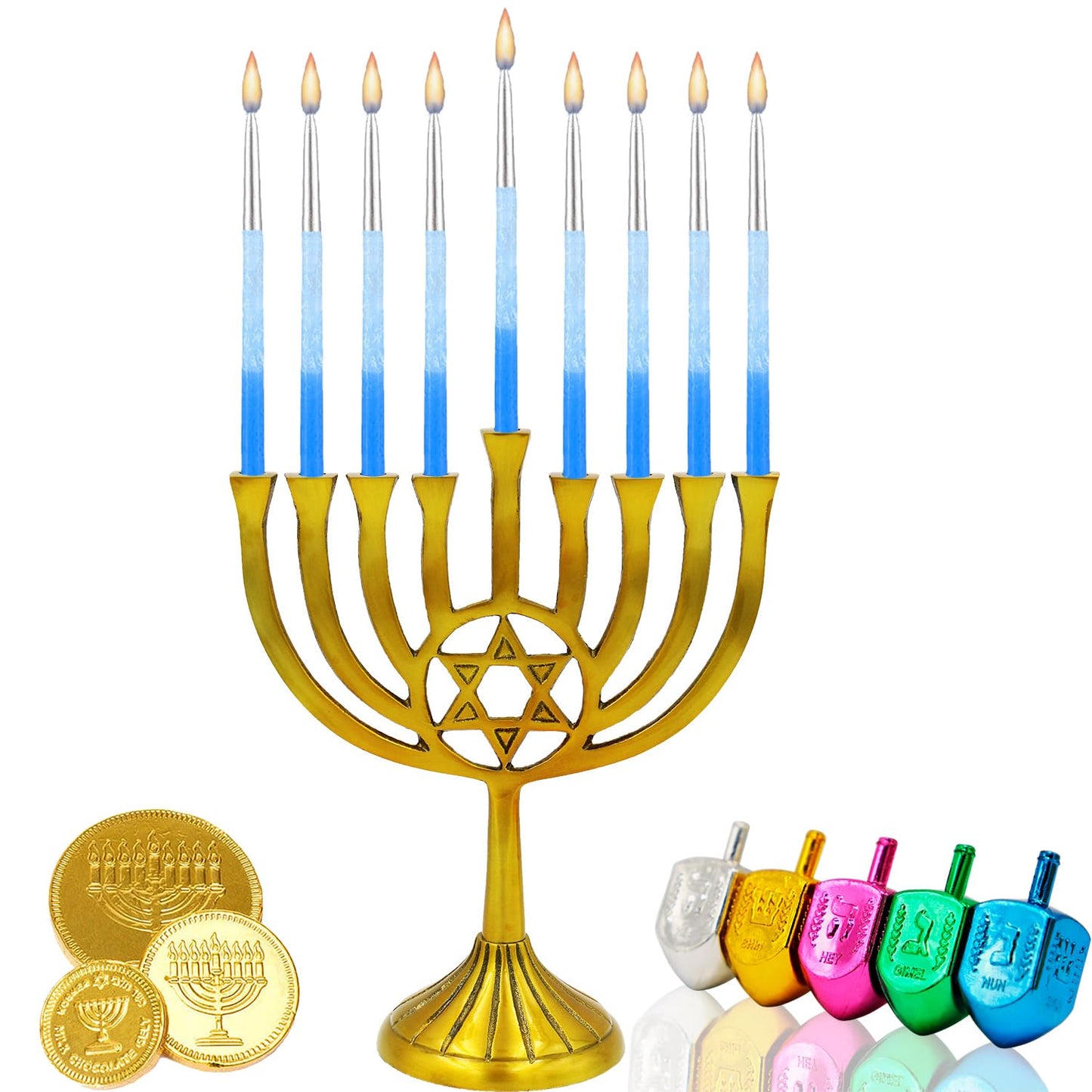 The Dreidel Company Deluxe Hanukkah Candles Metallic Silver with Blue Frost Hanukkah Frosted Premium Tapered Hand Decorated Chanuka Candles Set of 45. 1-Hour Burn Time