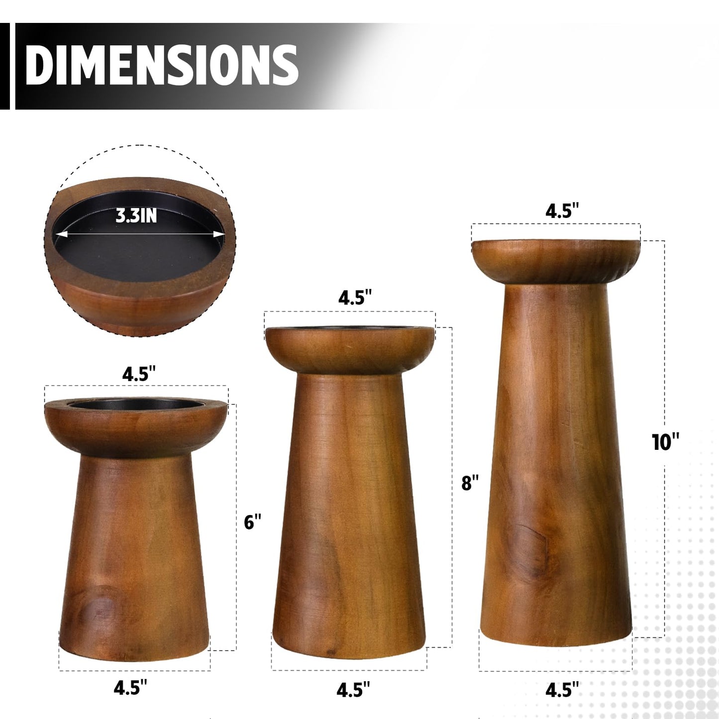 Pillar Candle Holders Set of 3， Wooden Candle Holders， Decorative Wood Candlestick Holders for Living Room, Table Centerpiece for Wedding, Christmas, Party, Home - 6", 8", 10"