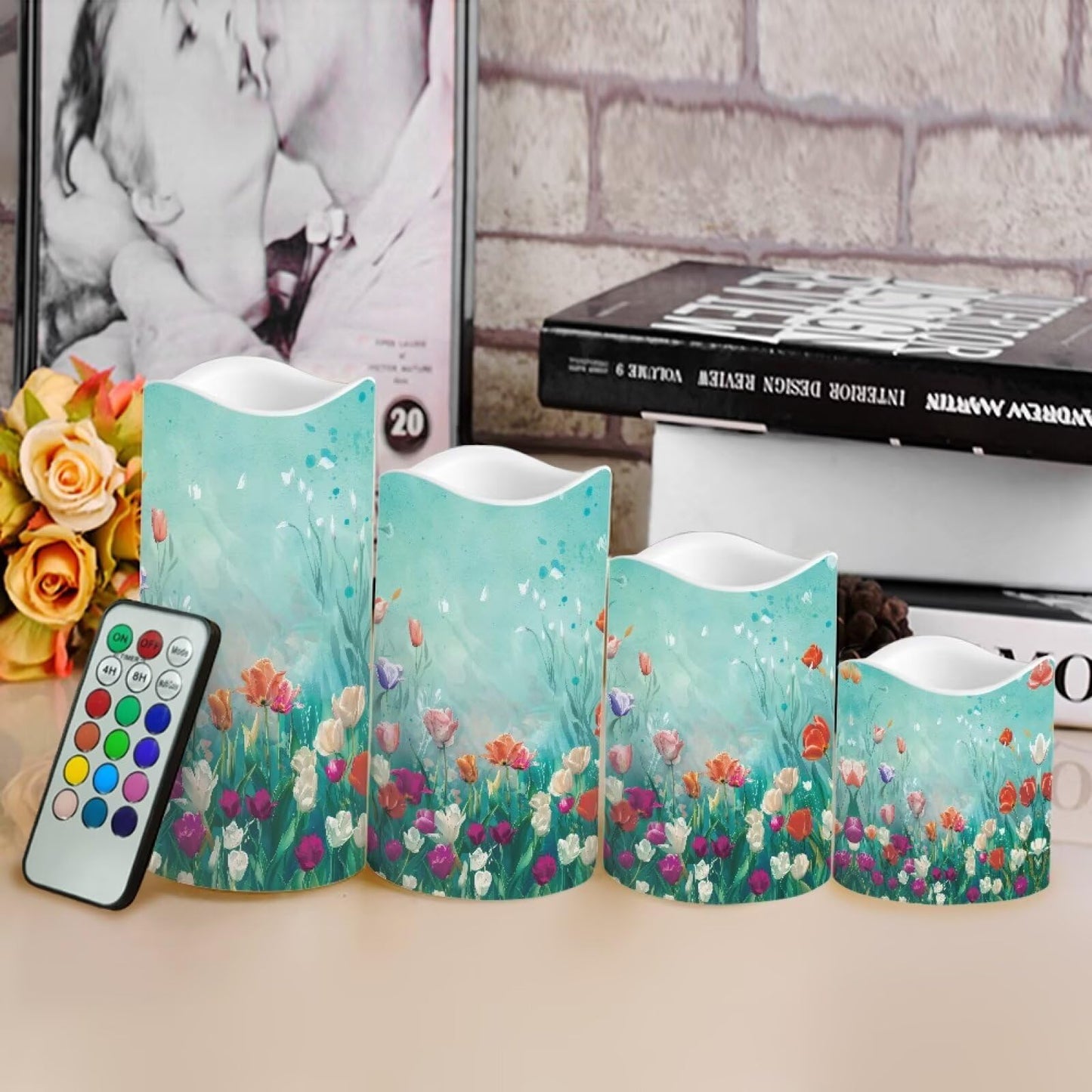 Ystardream 4PCS Flameless Candle Elegant Floral Led Flameless Candles with Remote Fake Candles that Look Real for Home Living Room Bathroom Bedroom Decor Plum Blossoms and Hummingbirds