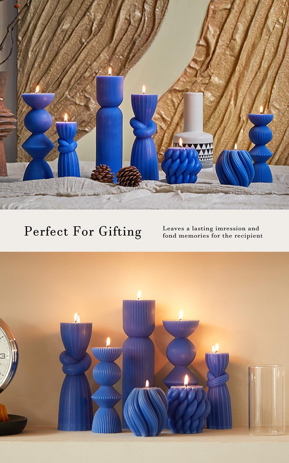 7 Pcs Large Ribbed Pillar Candles - Handmade Soy Wax Candles for Home Decor, Modern Shelf Decor, Housewarming Gift, Aesthetic Room Decor (Blue)