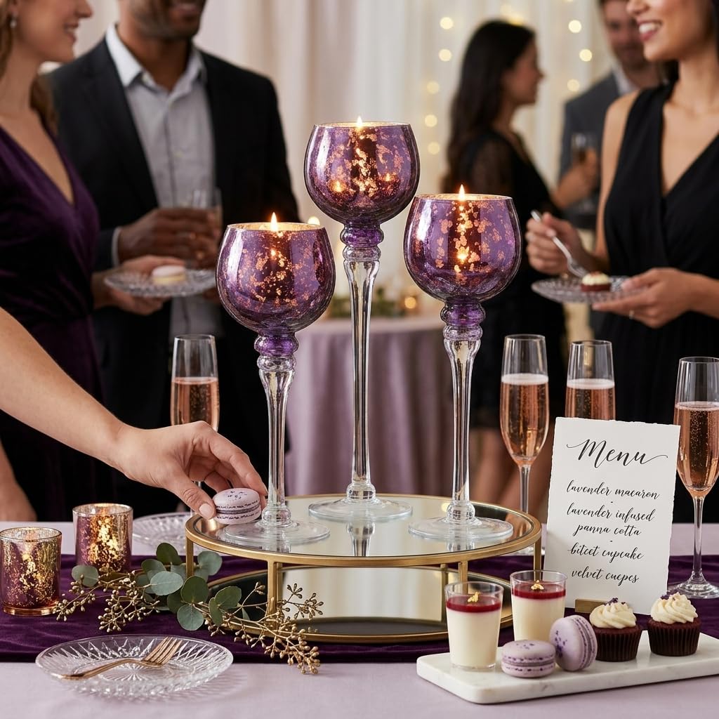 Inweder Glass Tealight Candle Holder: Purple Mercury Votive Holders 9/10/12 Inch Tall Long Setm Floating Candle Holders for Christmas Dining Table Centerpiece Wedding Party Halloween Set of 3