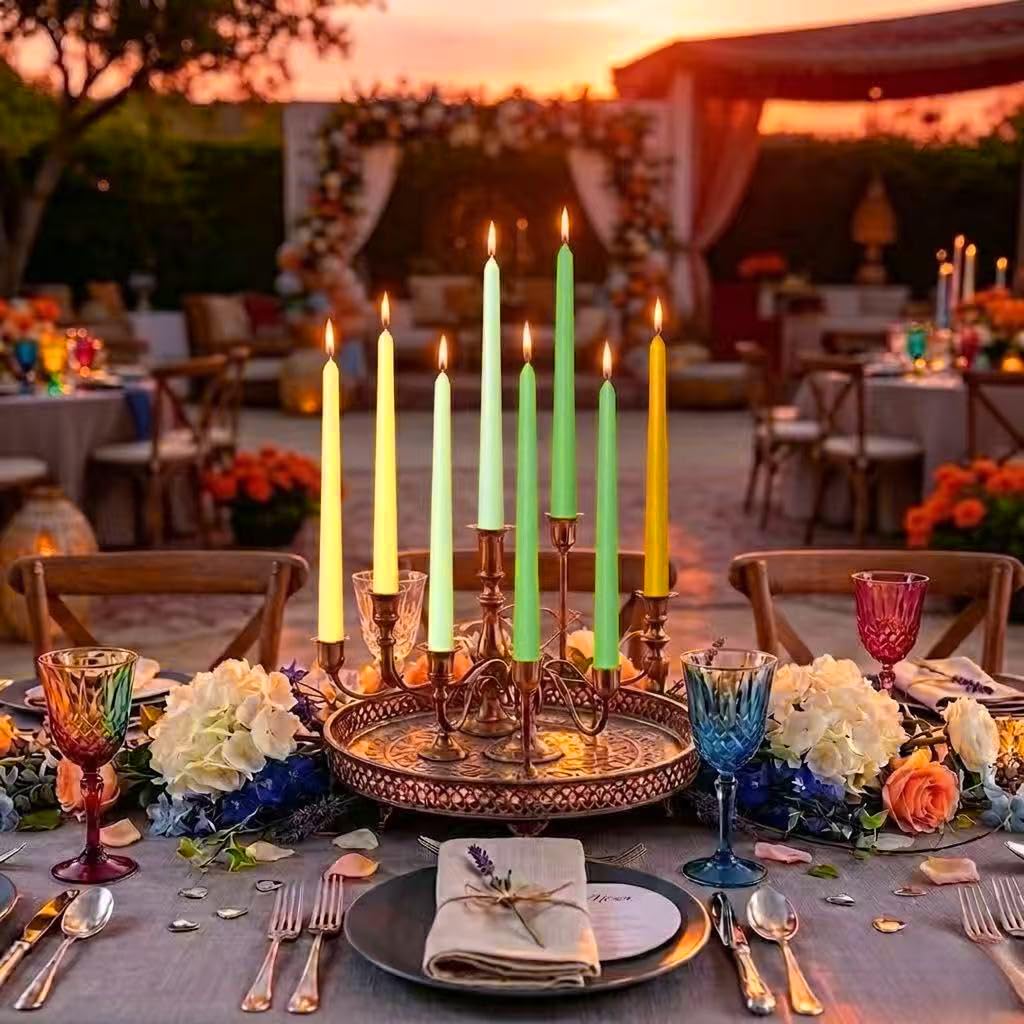 8 Pack 10 Inch Green & Yellow Smooth Taper Candle Set, 7/8 Inch Unscented Driples Candlesticks for Home Spring Decoration, 6-7 Hours Burn