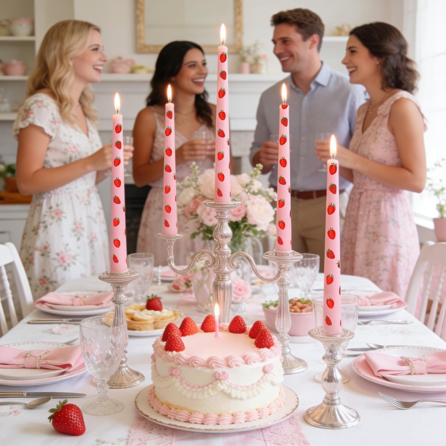 JarThenaAMCS 6Pcs Taper Candles 10 Inch Pink Red Strawberry Decorative Candles Long Unscented Candle Sticks for Holiday Birthday Baby Shower Party Home Table Decor