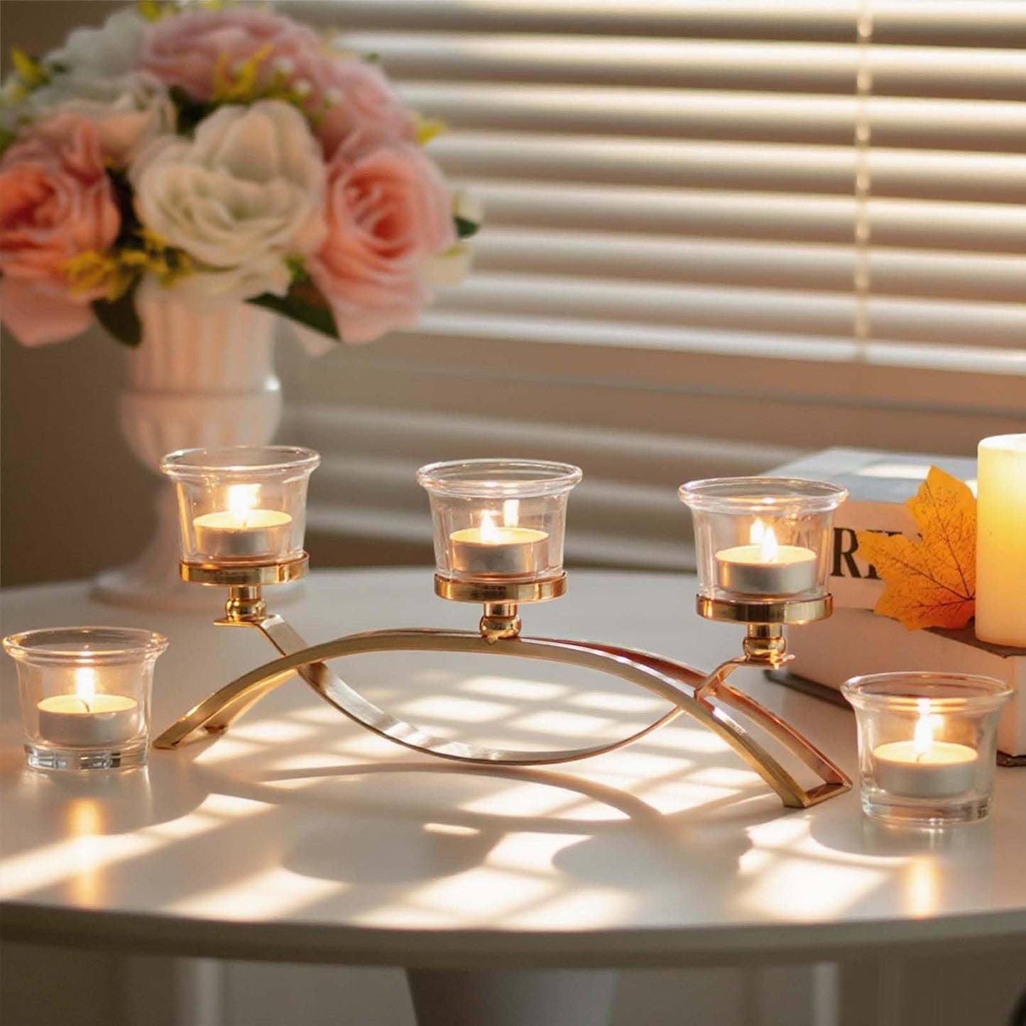 3-Arm Metal Tea Light Candle Holder Set with 5 Glass Cups, Votive Candle Holders Centerpiece Candelabra for Wedding Table Decor, Home Gatherings and Holidays (Gold, 5 Cups)