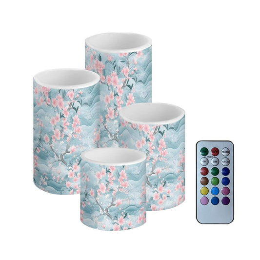 Cozeyat Blue Marble Blossoms Flameless Candles 4 Pack Battery Powered LED Pillar Candles with Remote Timer Color Changing for Home Wedding Indoor Outdoor Decor