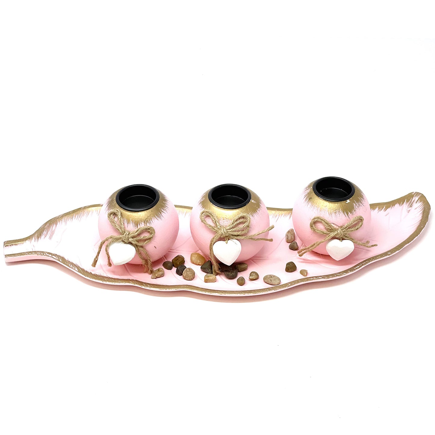 allgala Wooden Candle Holder Tray 3 Ball Orbs Set Tealight Candle Holder Centerpiece with Pebbles on Leaf Tray for Coffee Table Dining Table Accents Bowl for Living Room Décor-Pink-HD90407