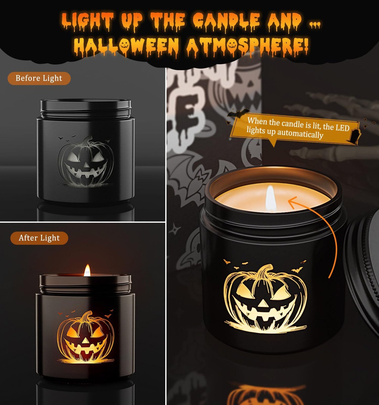 Halloween Decor Indoor-4 Pack Candles Set, LED Scented Candle,Halloween Gifts with Pumpkin|Skull|Ghost|Witch|, 80H Lasting Burn Candles for Home Decorations Indoor