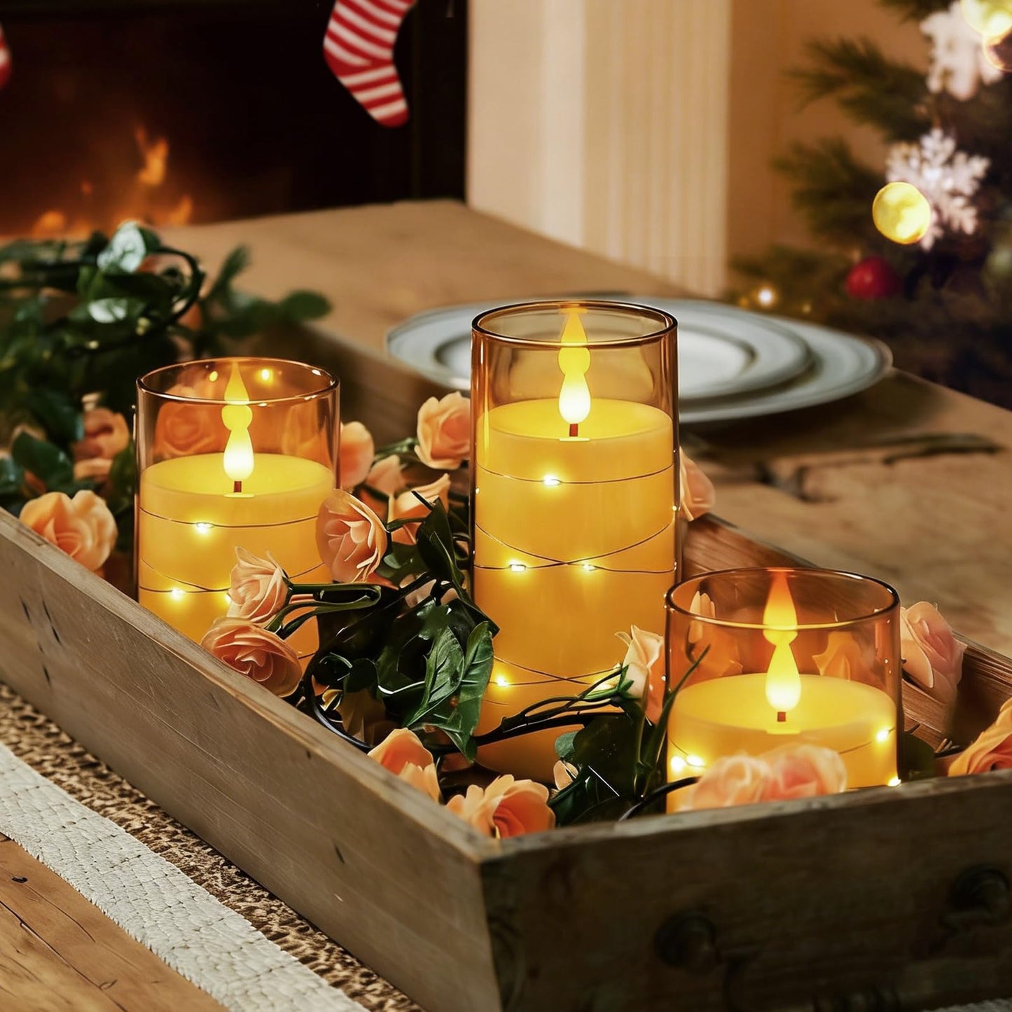 Homemory Flameless Candles with Embedded Star String Fairy Lights, Battery Operated Candles, LED Candle, Fake Candles with Remote Control and Timer, Gold, Set of 3(H 4" 5" 6”)