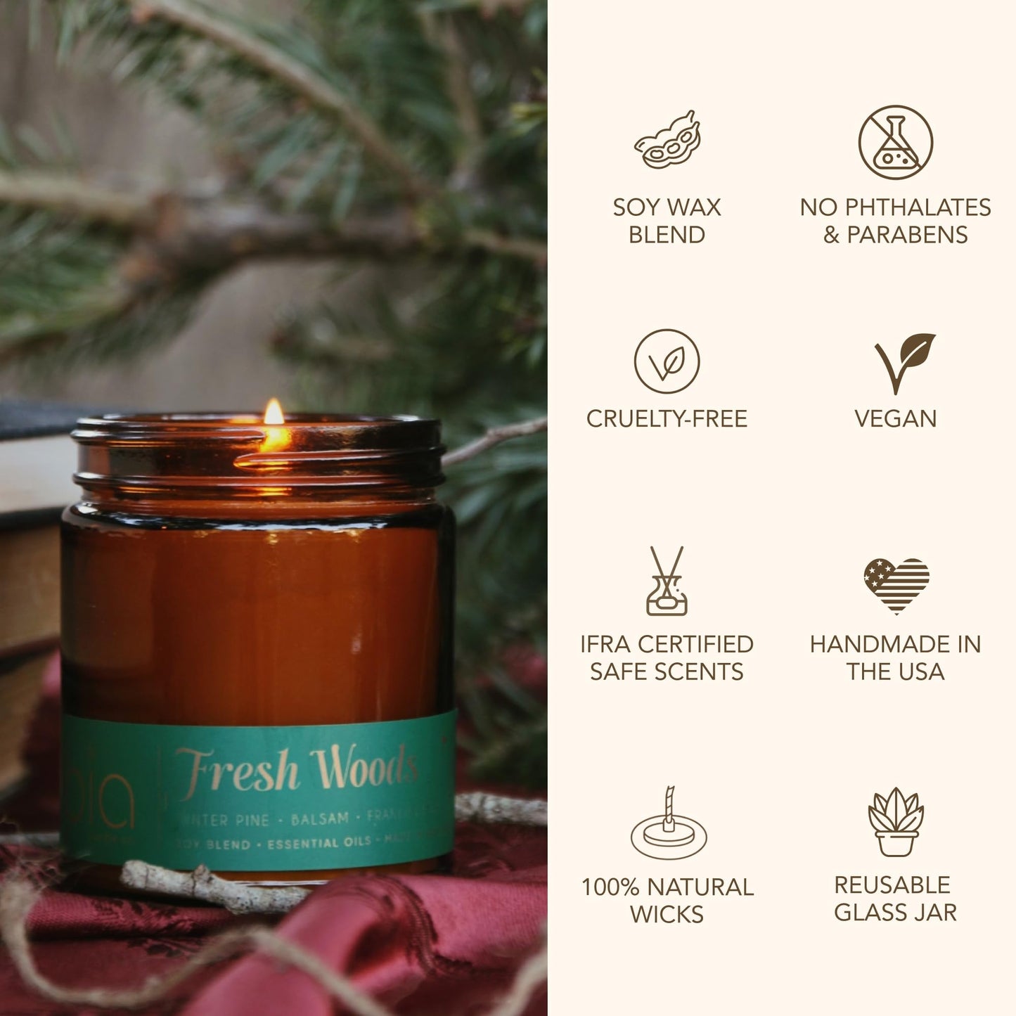 Bia Candle Co. Fresh Woods Green, Pine Balsam Spruce Cedar Soy Candle, High Fragrance Load, Lead-Free Wick, Reusable Glass Jar, Evergreen Candle, Woodland Scent, 7 oz