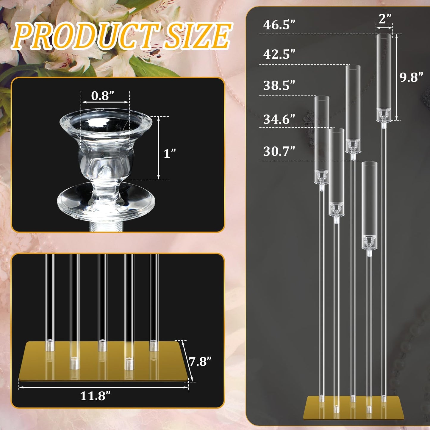 4 Set Floor Candelabra 5 Arm 46.5'' Tall Acrylic Candle Holders Tables Candelabra Centerpieces Wedding Candlestick Set with Clear Lampshade Gold Metal Base for Ceremony Party Home Decoration