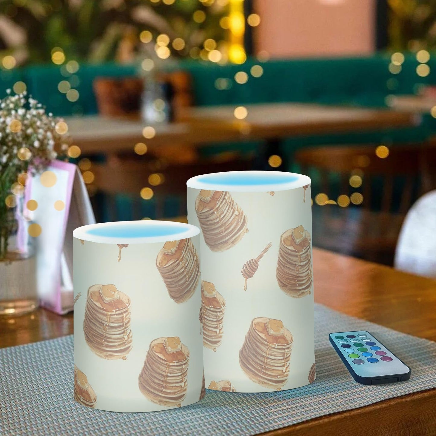 Pigsaly Flameless Candles Battery Operated Cute Cake Pancakes Honey Flickering Led Pillar Candles with Remote Control Colour Changing Warm Light Candles for Halloween Christmas Wedding