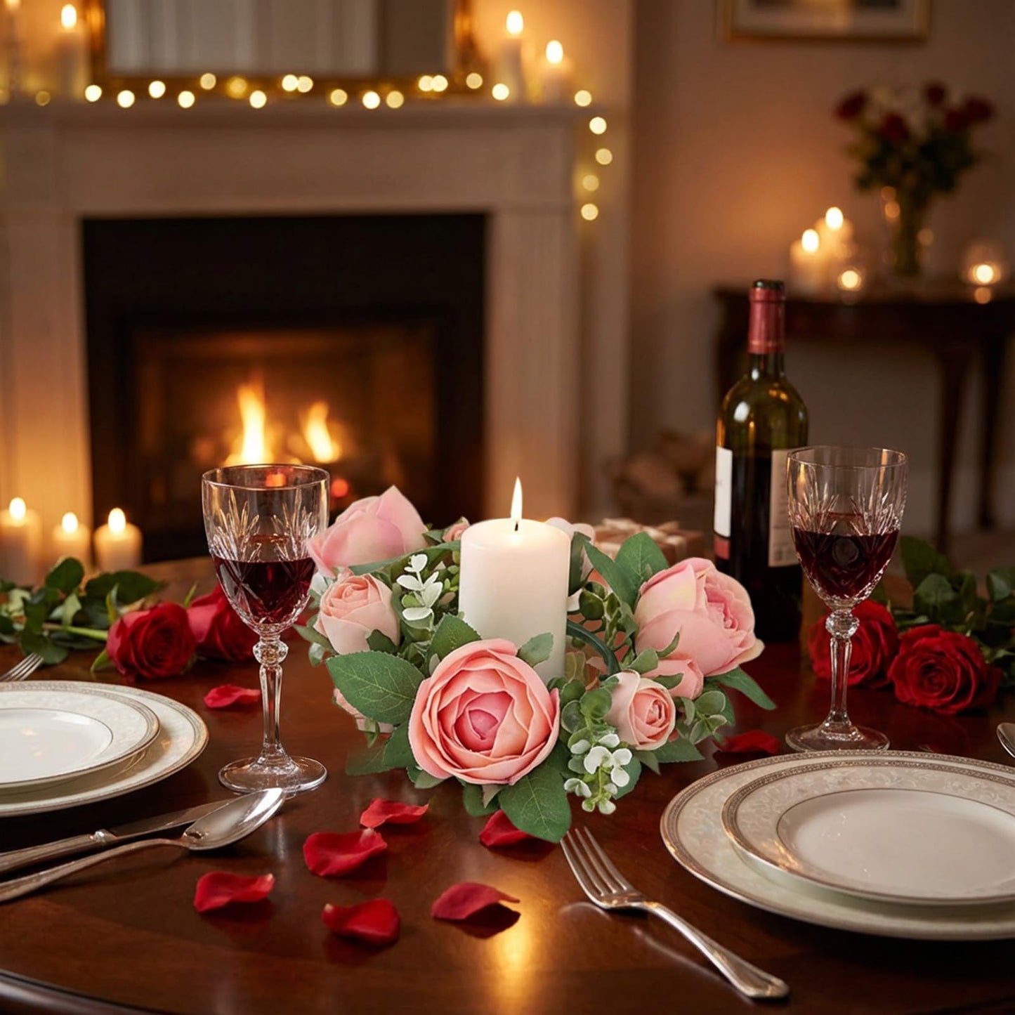 Artificial Rose Candle Rings Wreath Mini Floral Wreaths Pillar Candle Holder with Blooming Flowers and Green Leaves for Wedding Party Home Table Centerpieces Decor (Pink)
