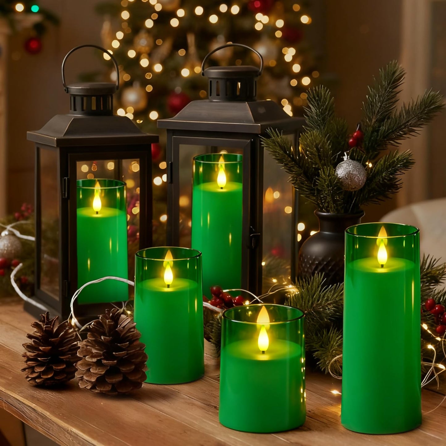 Raycare St. Patrick's Day Flameless Candles Battery Operated with Remote Timer, Acrylic Flickering LED Pillar Candle for Christmas Decoration, Home Decor, Gift for Family and Friend, Green, Set of 5