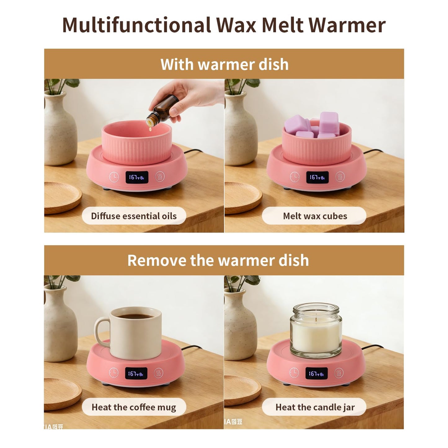 Lyty 4-in-1 Wax Melt Warmer, Candle Warmer with Delay Start Timer, Fragrance Scented Wax Melter Wax Cube Warmer with 3 Color Light for Home Bedroom Spa Office, 8H Auto Shut Off (Pink)