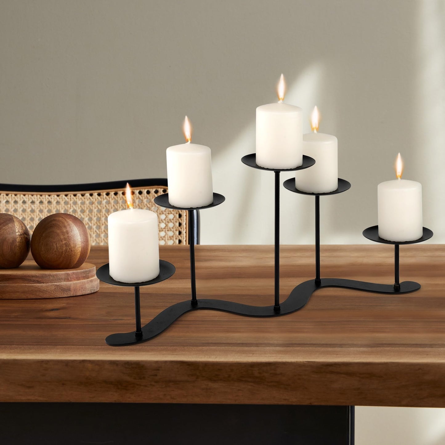 Black Iron Candelabra Candle Holder: Metal Centerpiece Decor - 5 Arm Candle Holder Stand for Pillar Candles