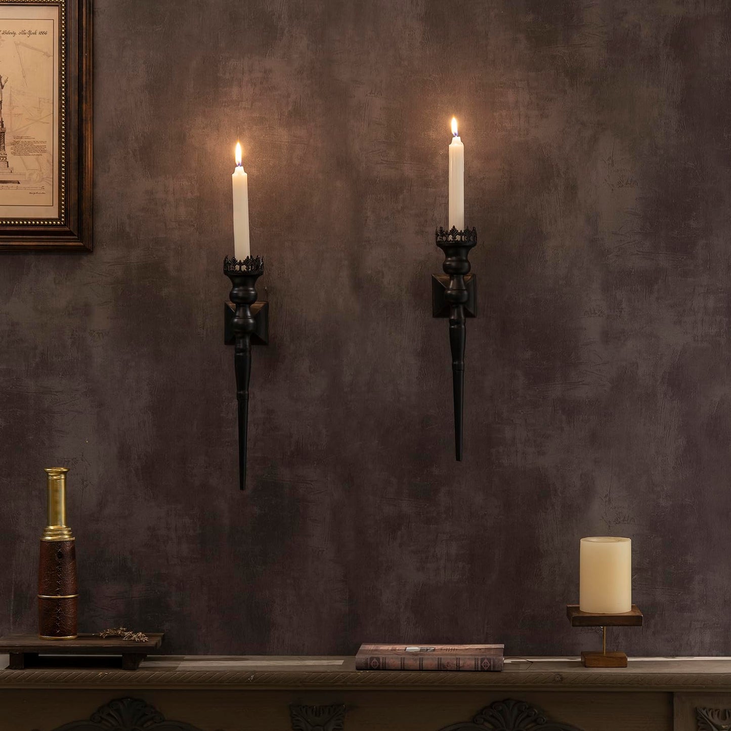 Woparty Gothic Wall Sconce Candle Holder for Taper Candles (Set of 2) Black Iron Crown and Scepter Design Victorian Wall Decor for Living Room, Bathroom,Dining Room
