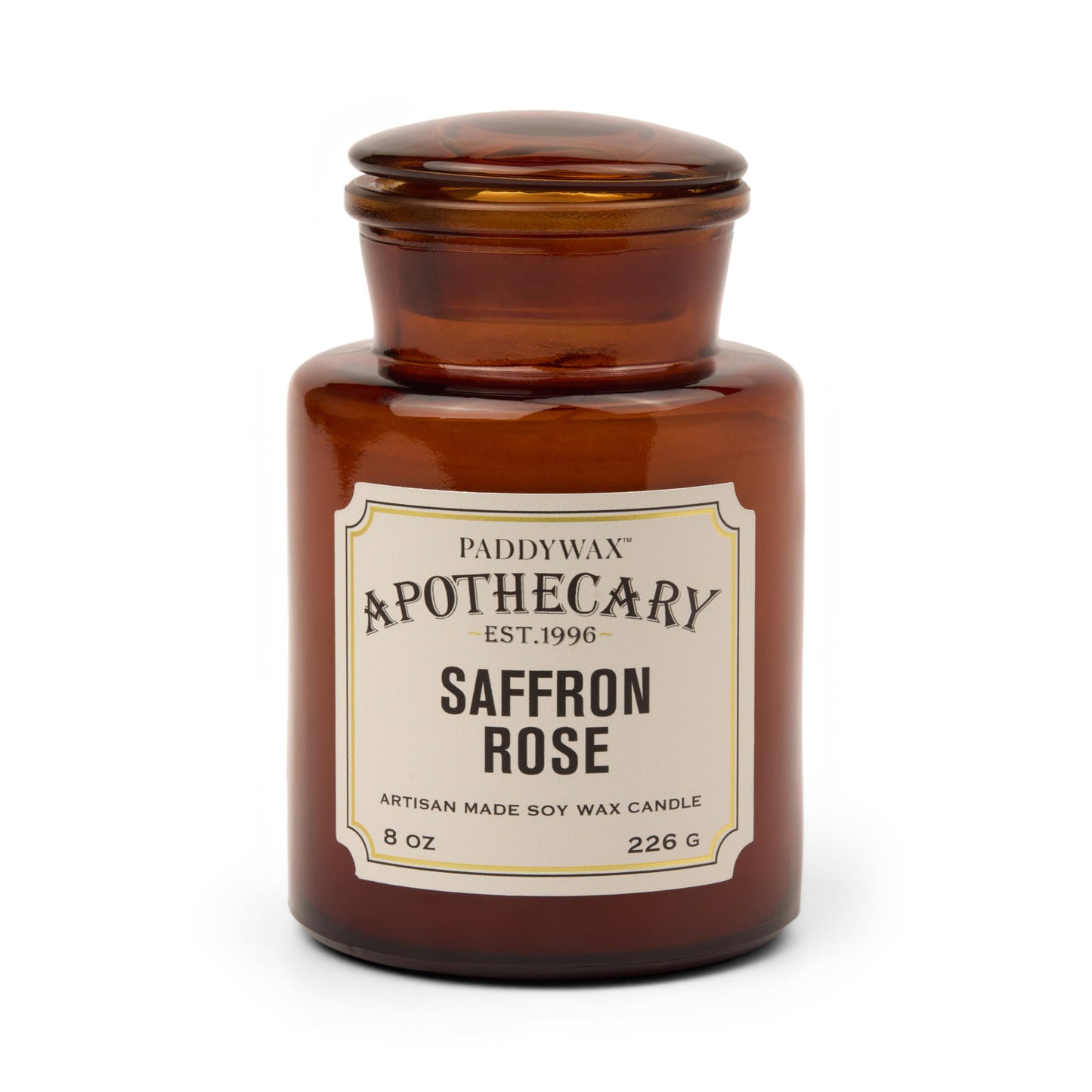 Paddywax Artisan Apothecary Scented Candle with Lid in Reusable Glass Jar, Clean-Burn Soy Candle with Approx. 54 Hour Burn Time, Saffron & Rose, 8 oz