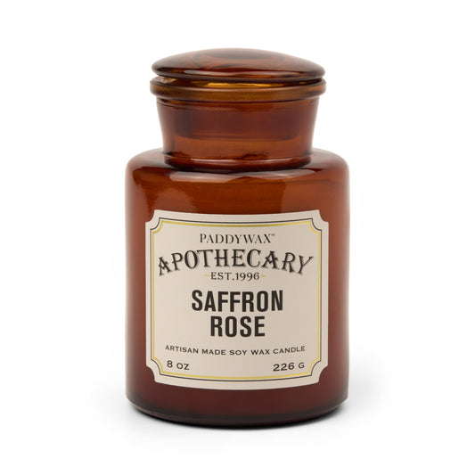 Paddywax Artisan Apothecary Scented Candle with Lid in Reusable Glass Jar, Clean-Burn Soy Candle with Approx. 54 Hour Burn Time, Saffron & Rose, 8 oz