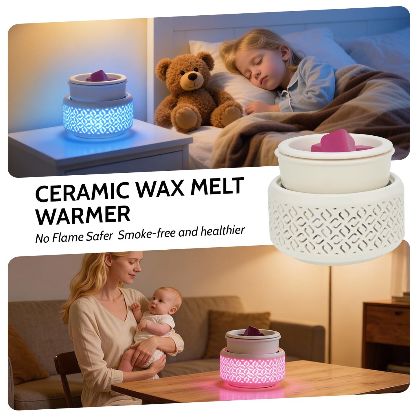 Ceramic Candle Warmer and Wax Melt Warmer with 7 Colors LED Night Light and 1 PC Silicone Liner,4-in-1 Electric Warmer for Jar Candle Wax Cube Essential Oil Coffee, Ideal Gift for Home Office Kitchen