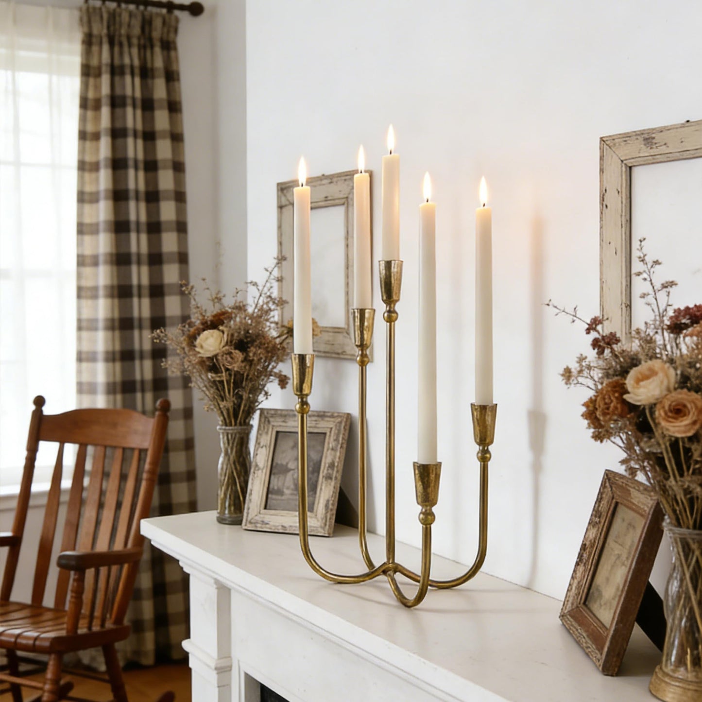 Cast Iron Candelabra 5-Taper Candle Holders, Candlestick Holders Tabletop Candles Stand, Decorative Table Centerpieces Mantel Decor, Antique Brass