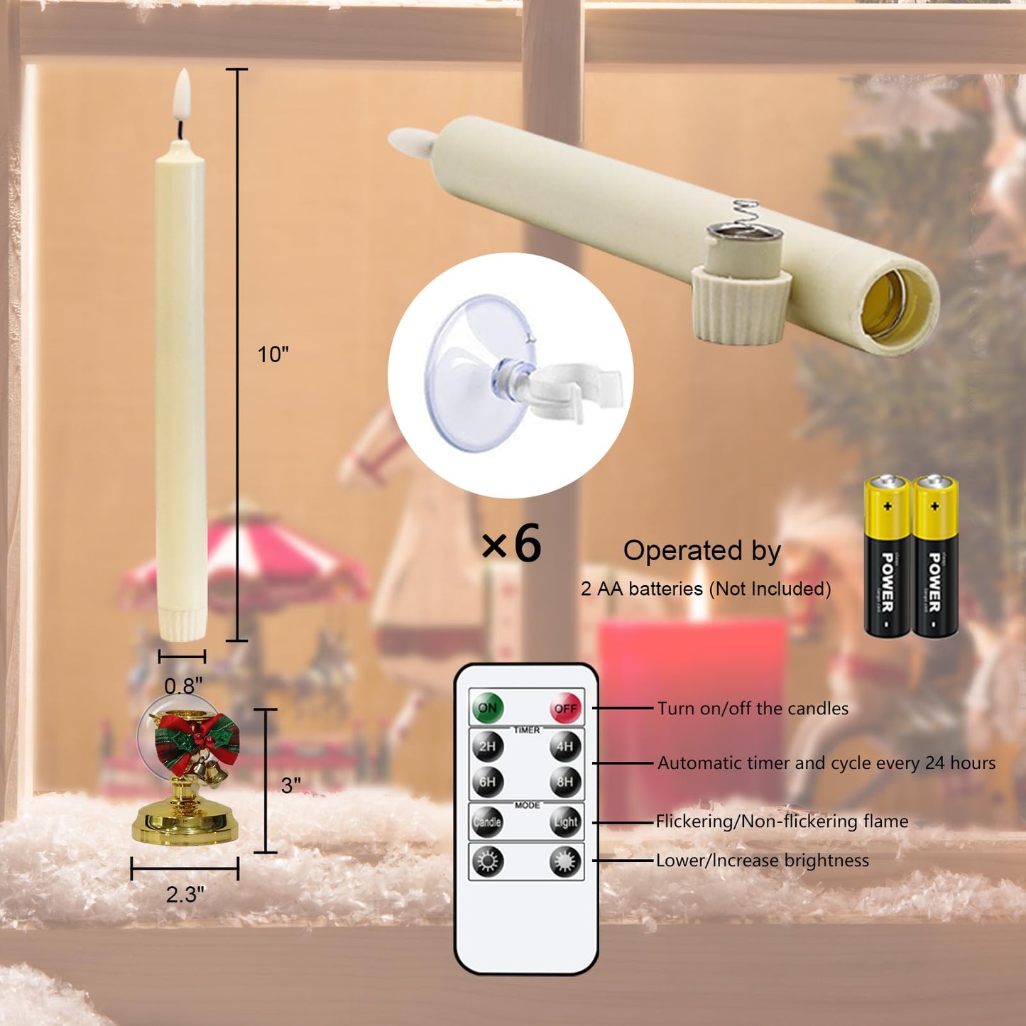 Wondise Flameless Window Candles with Remote Timer, Battery Operated Taper Candles with Wreath, 3D Wick Flickering for Christmas Decoration, Removable Suction Cups and Gold Holders Included (6 Packs)