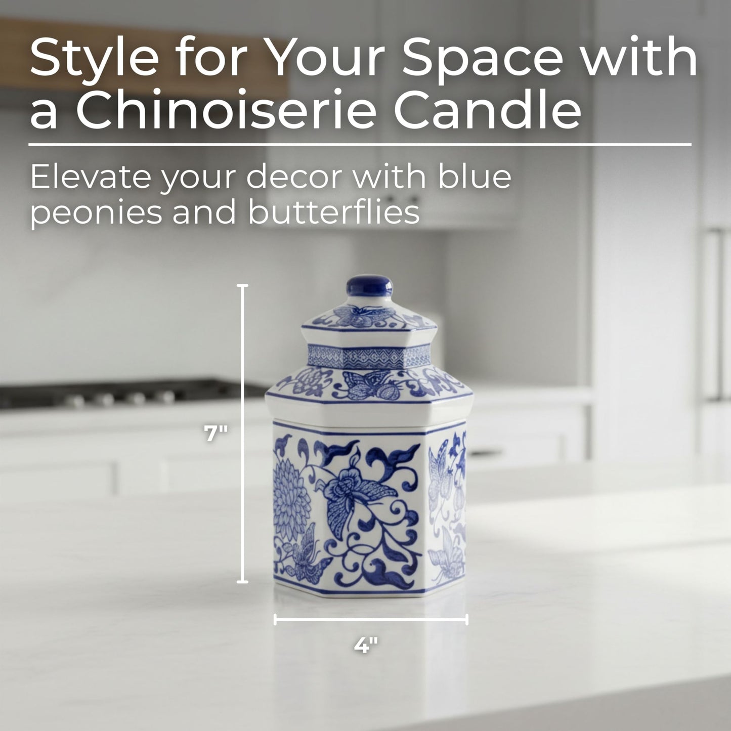Sandalwood Scented Candle with Lid for Men and Women - Ceramic Chinoiserie Candle with Lid for Living Room, Bedroom, and Bathroom - Decorative Accent for Indoor and Outdoor - 7", Blue & White