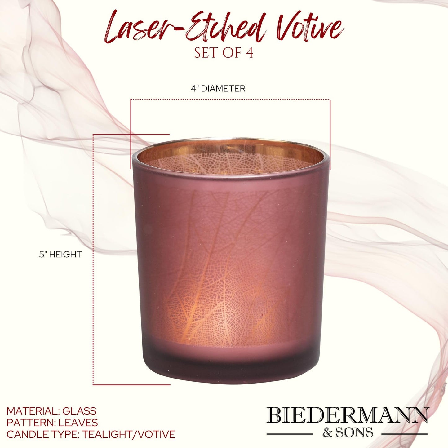 Biedermann & Sons Taro Leaf Glass Candle Holders (Set of 4), Russet Red with Laser Etched Leaves, 4 Inch Diameter x 5 Inch Tall, Warm Ambient Decor for Tables and Shelves