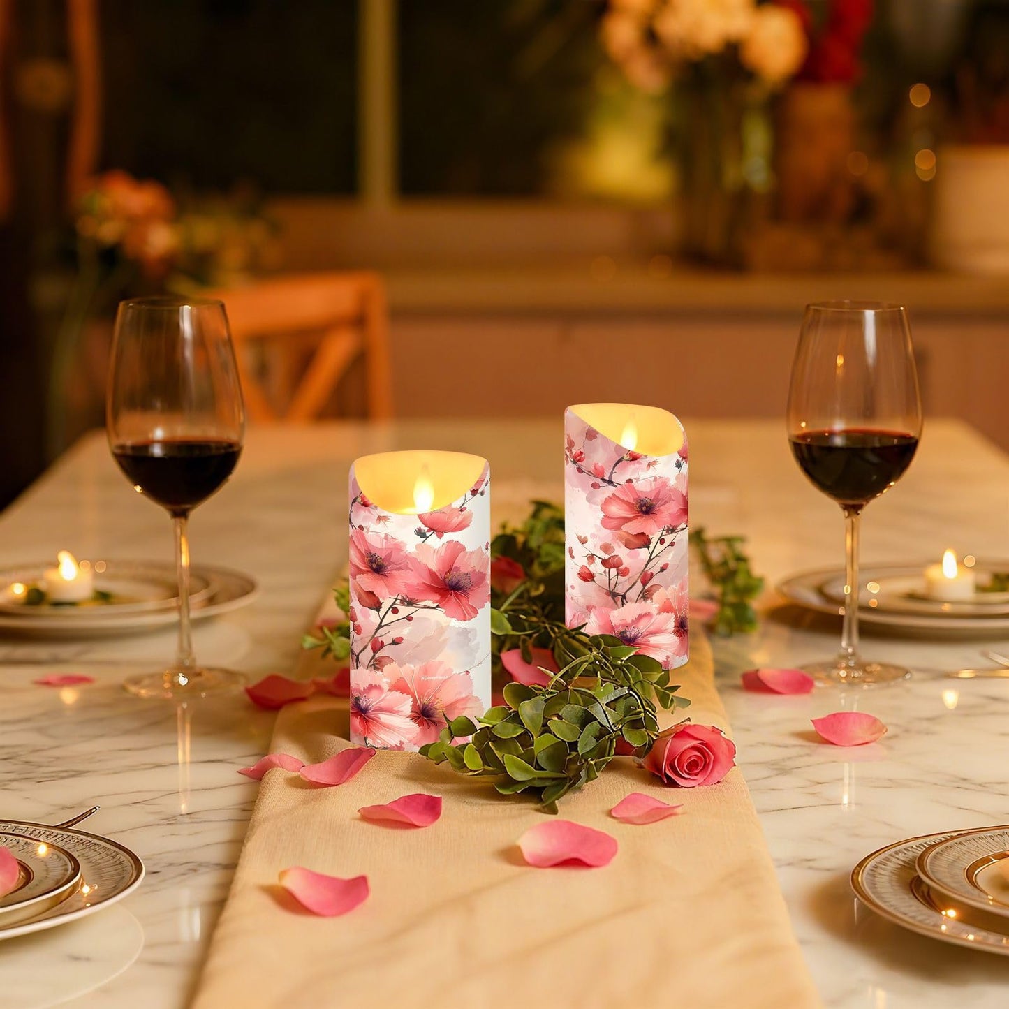 ALAZA Leaves Red White Flower Flickering Flameless Candles Battery Operated with Remote Timer,Tea Light Candles LED Pillar Votive Set of 2 for Outdoor Indoor Decorations 3" x5.9"