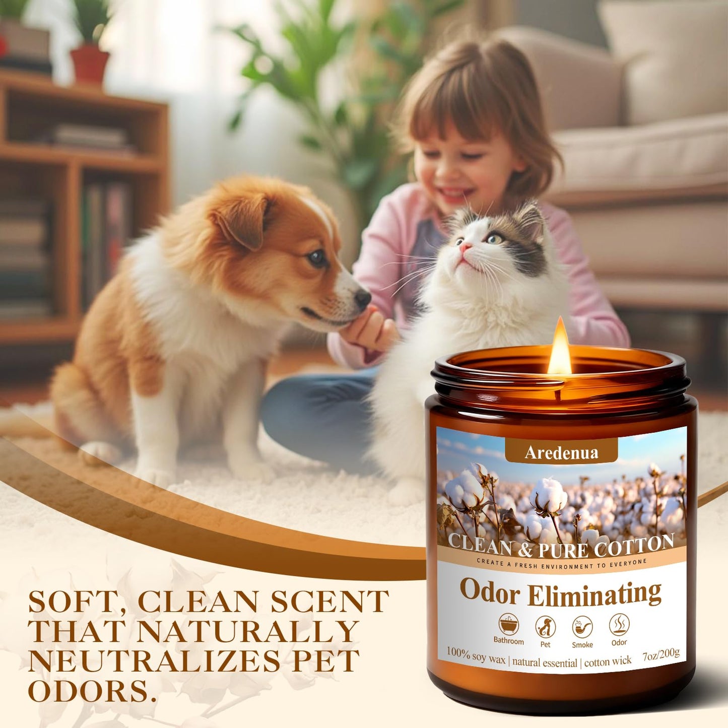 Clean & Pure Cotton Odor Eliminating Candles | Eliminates 95% of Pet, Smoke & Bathroom Odors – 7 oz Hand Poured Non-Toxic Soy Candle - Fresh Air Scented Candle Gentle for Pet - Gifts for Families