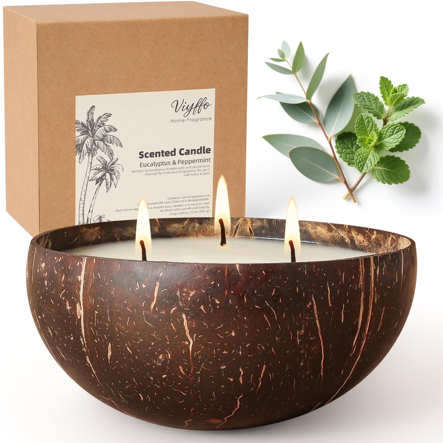 Viyffo 18oz Large Non Toxic Soy Candle - Eucalyptus & Mint, 3 Wick Scented Candle for Women & Men, Natural Coconut Shell Jar Perfect for Freshness, Relaxation, Home Decor & Unique Nature Gift