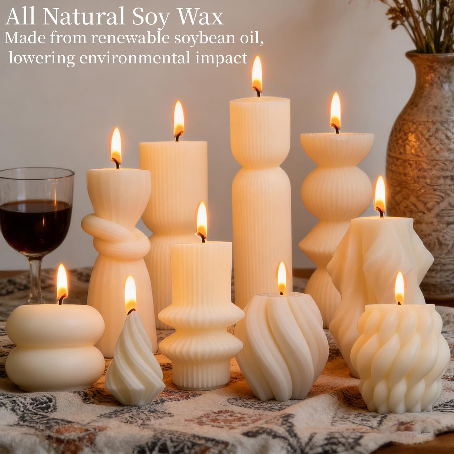 PEDOBALI 10 Pcs Pillar Candles White Aesthetic Modern Candles Set Soy Wax Handmade Ribbed Decor for Housewarming Gift, Home Decor, Table Decor, Shelf
