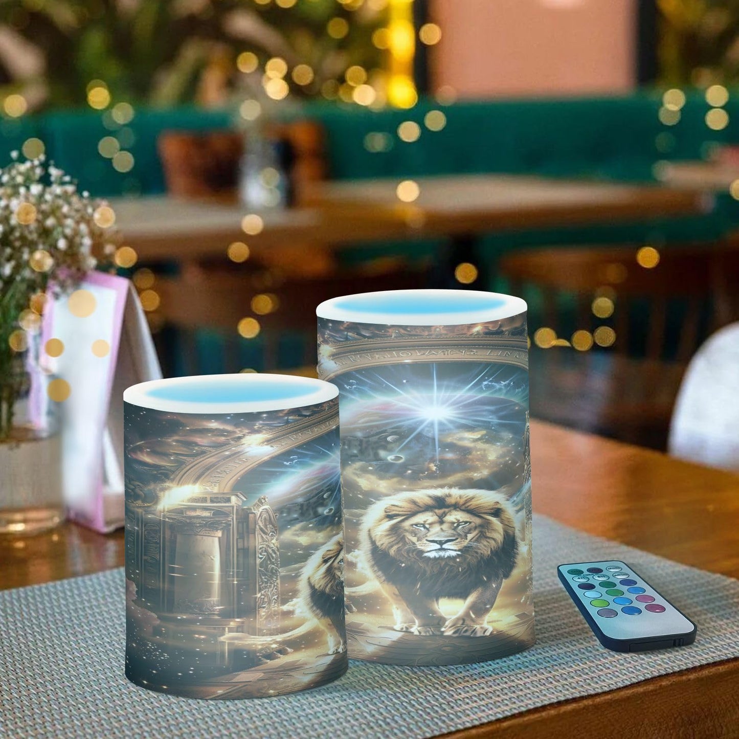ALAZA Magic Animal Lion Starry Space Flickering Flameless Candles Pillar Led Candles Battery Operated Candles with Remote and Timers Set of 2