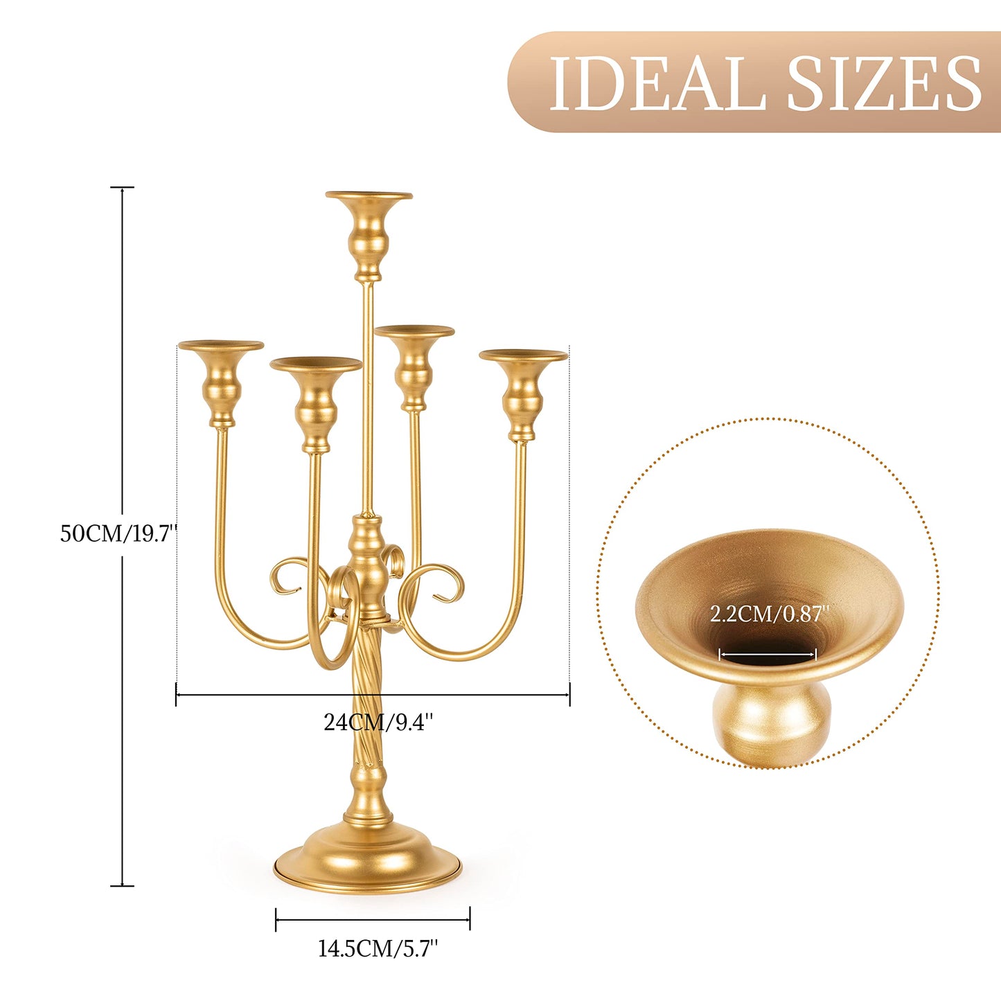 19.7in Gold Candelabra Centerpieces for Tables, 2Pcs Metal Tall Candle Holder for Taper Candles, 5 Arm Candlestick Holder for Wedding Centerpiece Decor Party Event Reception Decoration