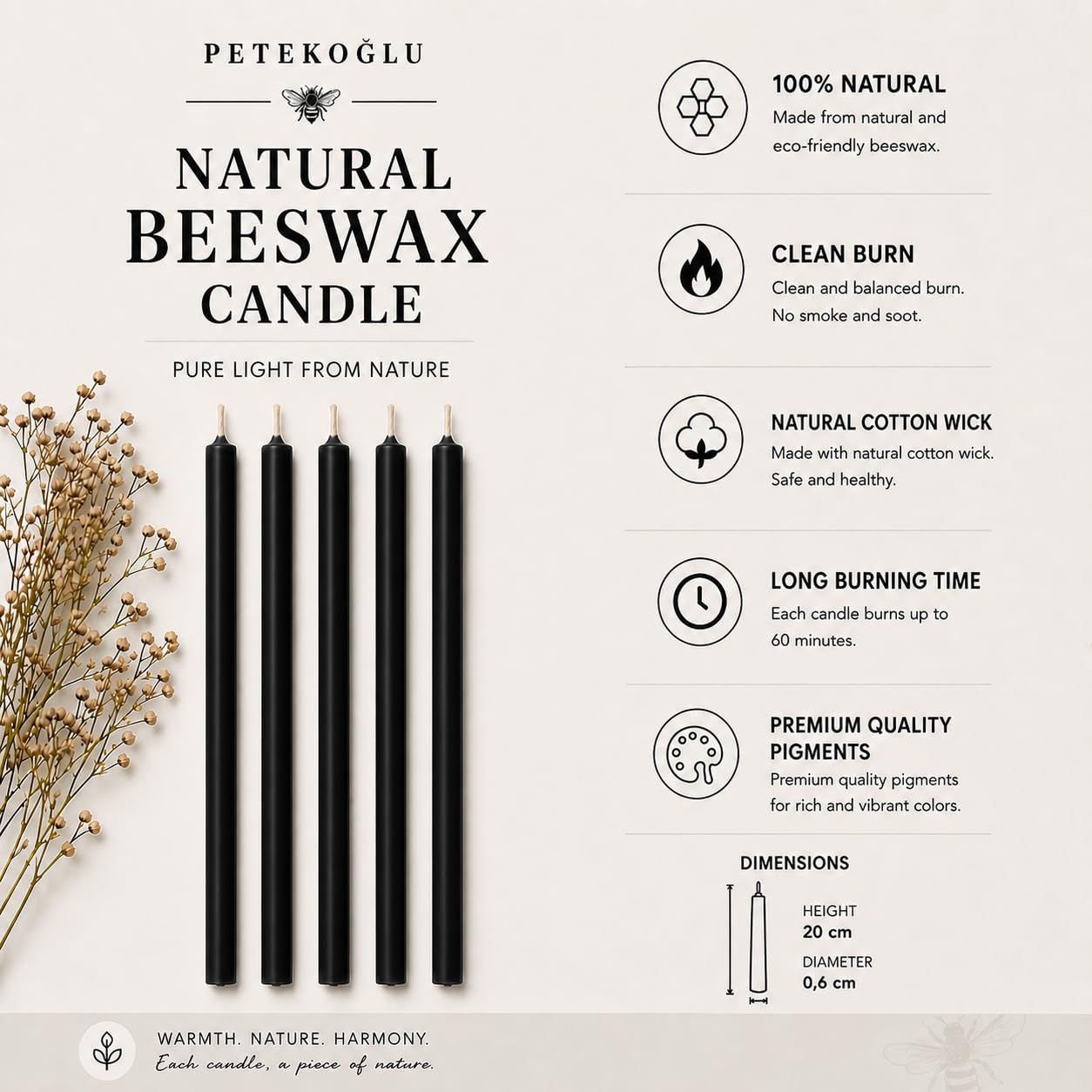 Petekoğlu 15-Pack Beeswax Wish Candles – Handcrafted, Drip-Free, Smoke-Free Slim Taper Candles for Rituals, Meditation, Birthday & Home Décor – Natural Honey Scent 7.87” x 0.24” (Black)