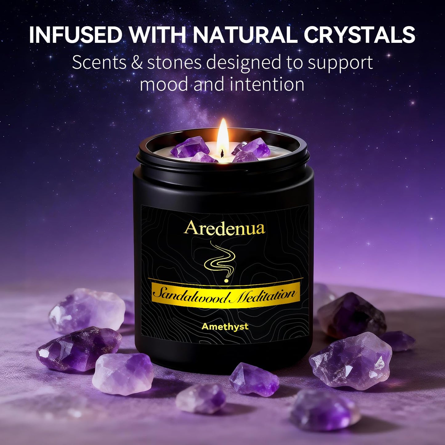 Aredenua Candle for Meditation and Spiritual Practice - Sandalwood Aromatherapy Candle with Amethyst Healing Crystal, Natural Soy Wax Scented Candle for Yoga Mindfulness, 7oz Long Lasting, Zen Gift