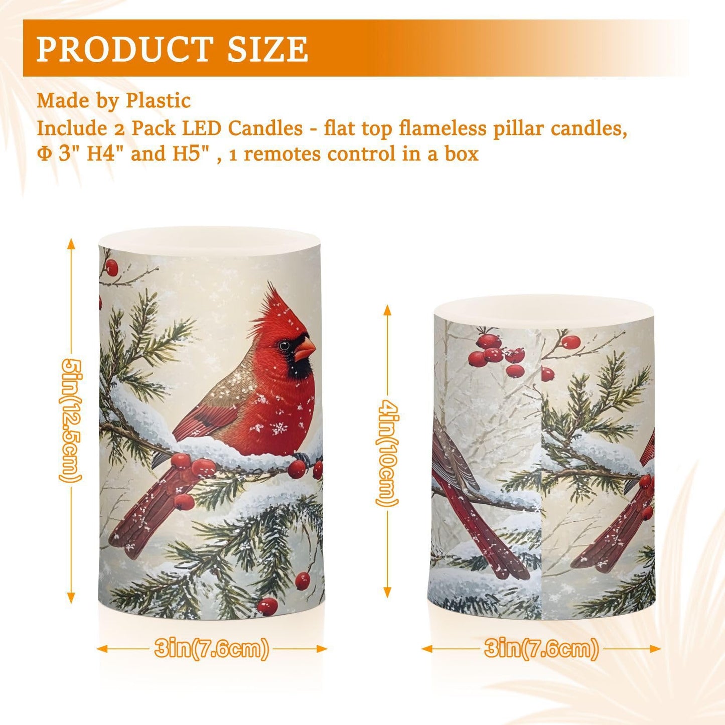 ALAZA Red Cardinals Birds Snowflake Branches Berries Winter Flameless Candles Flickering LED Candles with Remote Timer Battery Operated Pillar Candles Set of 2 for Dinner Holiday Decor
