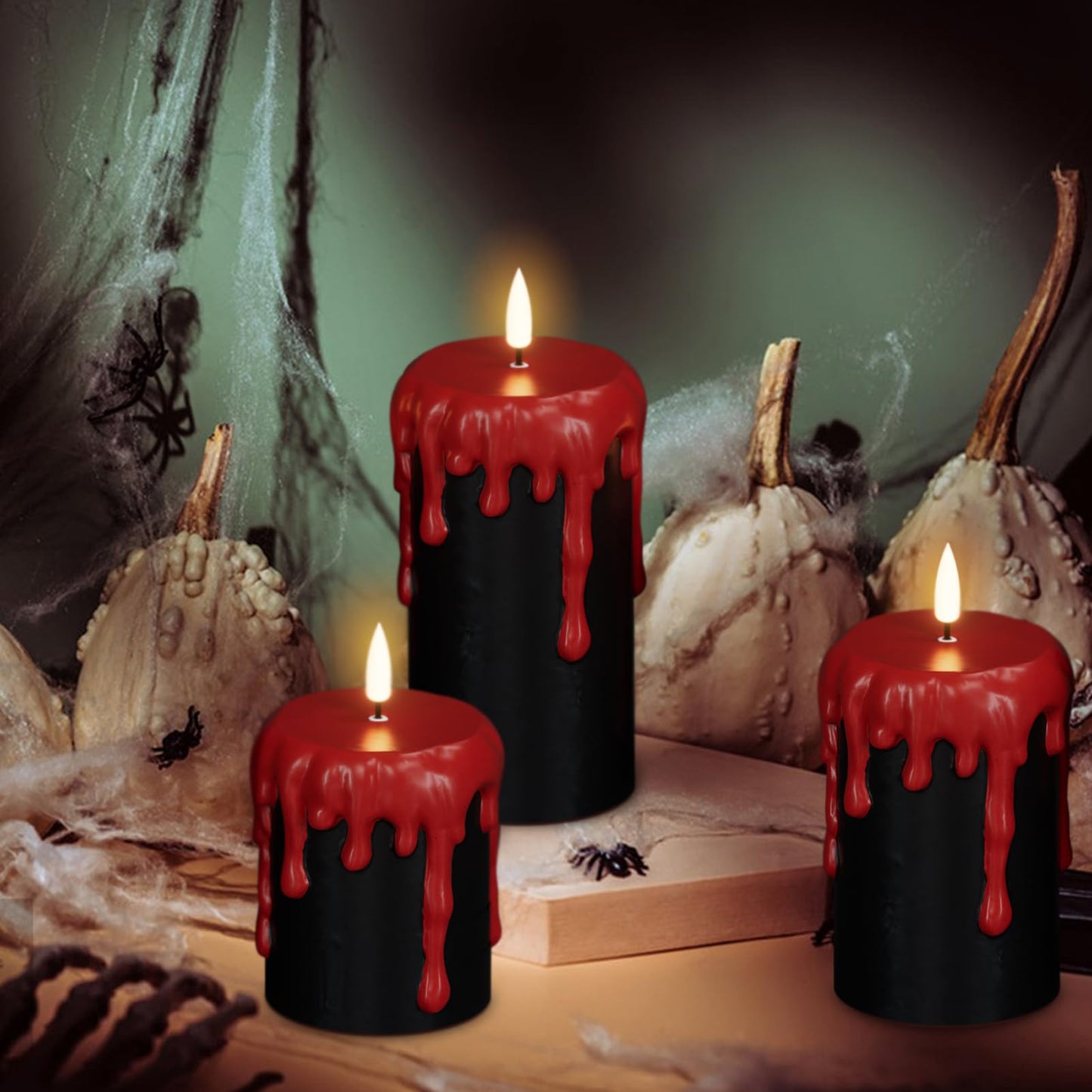Lasumora Halloween Decorations Led Candles Flickering with 6H Timer, Battery Operated Halloween Candles, 3 Pcs Drip Wax Spooky Halloween Decor Indoor Real Wax, D3 x H 4" 5" 6"