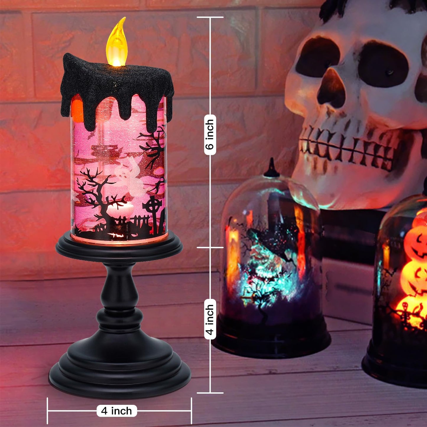 Halloween Snow Globe Candle Lamp – Battery Operated Flameless Candle with Spinning Water & Glitter, Lighted Tornado Effect Table Centerpiece for Indoor Halloween Decorations （Pink