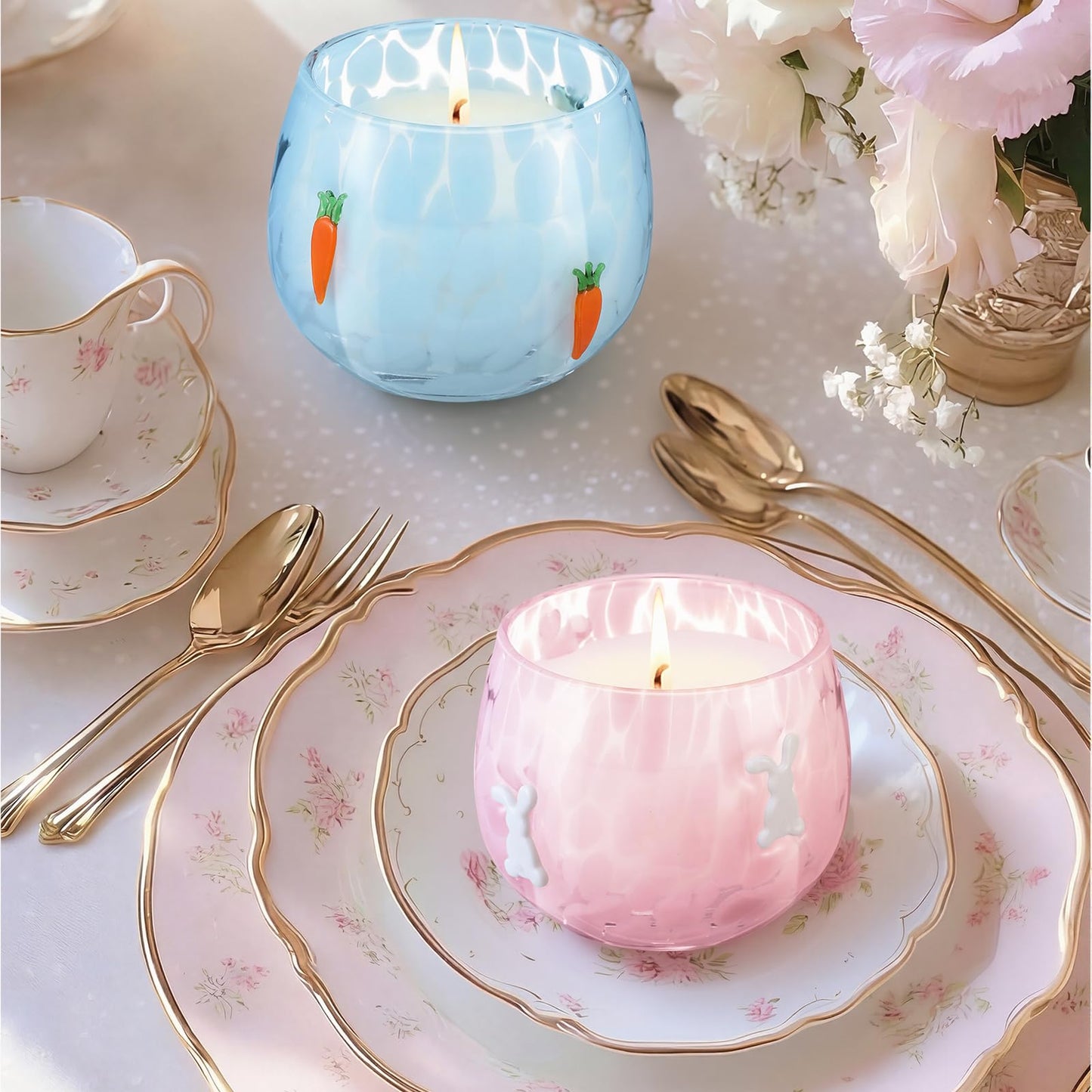 Treela Set of 2 Decorative Spring Easter Candles, 7oz Bunny & Carrot Soy Wax Icon Glass Jar Candles, Spring Home Table Centerpiece Decor, Easter Gift for Women Party Favor