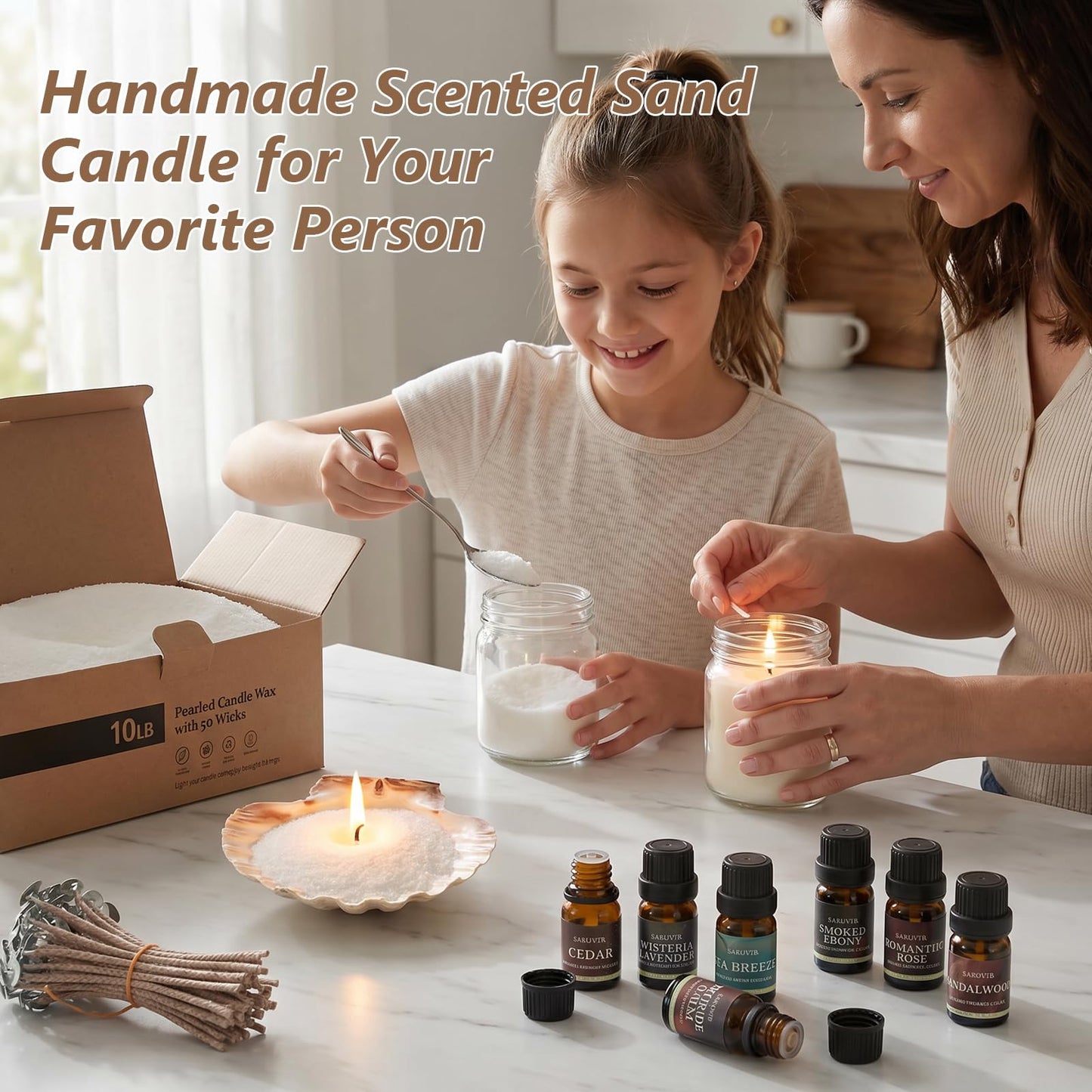 SAEUYVB Natural Pearled Candle Sand Set -10LBS White Sand Wax Beads with 50 Wicks,Refillable DIY Candle Making Kit with Fragrance Oils,Unique Craft Gift & Home Decor