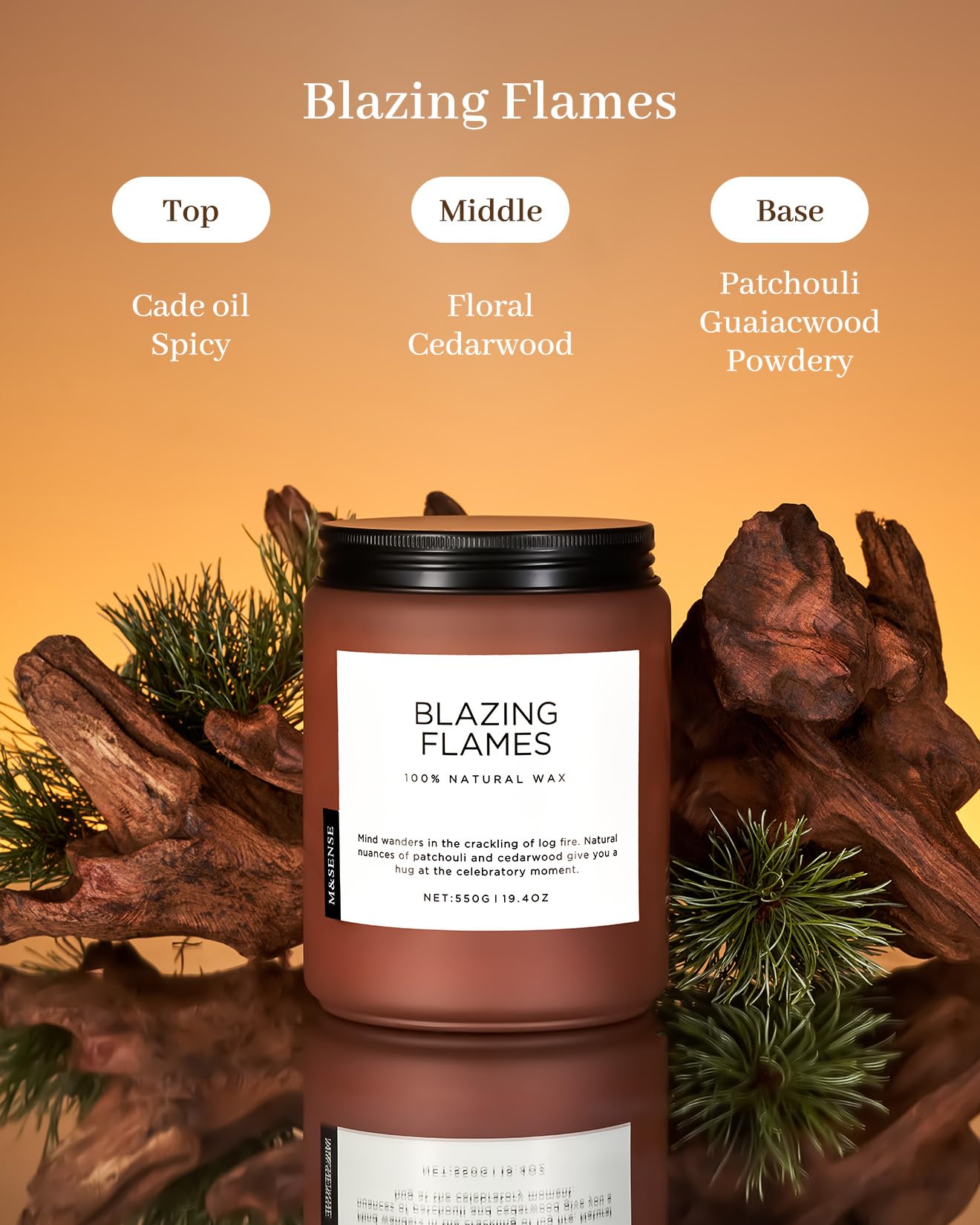 M&SENSE Blazing Flames Scented Candles, Soy Wax 19.4oz 110 Hours Long Lasting Clean Burn, Warm Woods Aromatherapy Candles for Relaxation Large Candle Birthday Holiday Gifts for Men Women