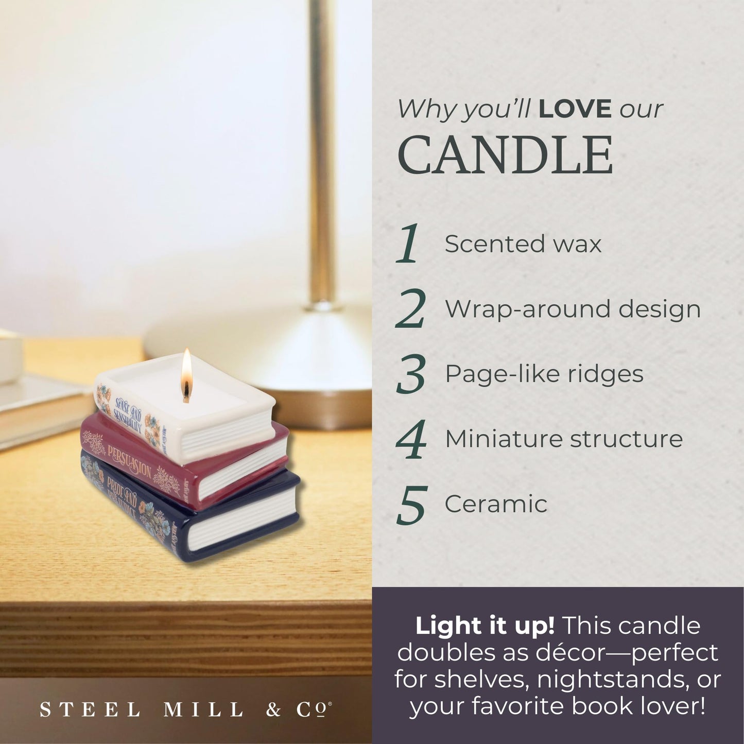Steel Mill & Co Novelty Shaped Book Theme Scented Candle, Library Stack 6.5 oz Wax Candle with Notes of Earl Gray Tea and Honey, Unique Gift for Book Lovers (Jane Austen)