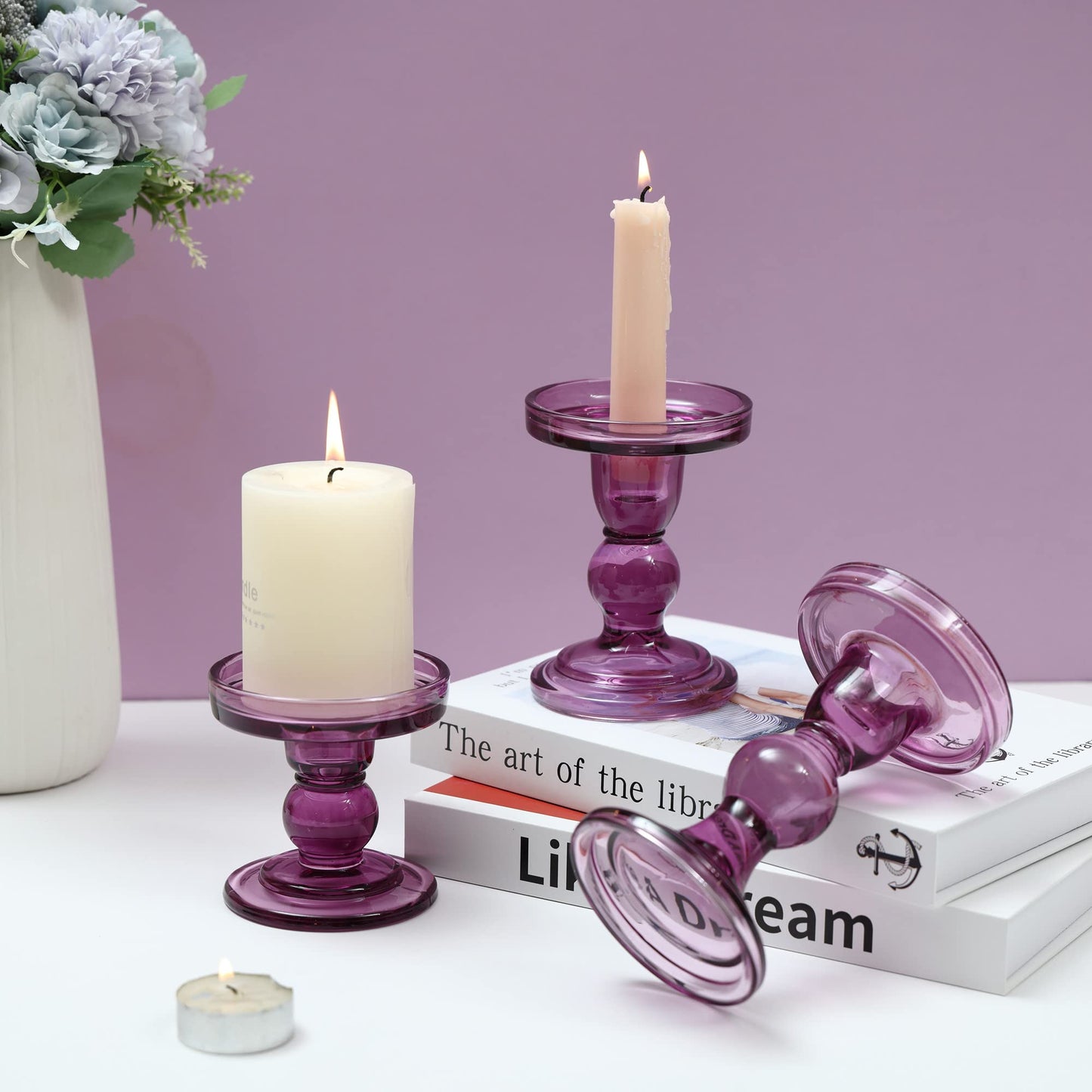 GMWD 3 Pcs Glass Candle Holder Set Clear, Purple Candlesticks Holders Pillar Taper Candles Tealight Stand for Wedding Centerpieces Home Decorations Dining Table