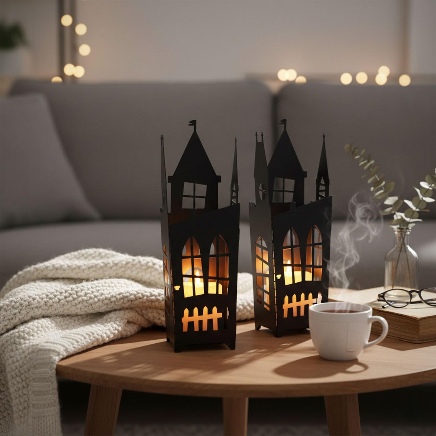 AIM & GGKK Gothic Castle Wall Sconce Candle Holder - Set of 2 Black Metal Haunted House Candle Sconces for Halloween Spooky Decor